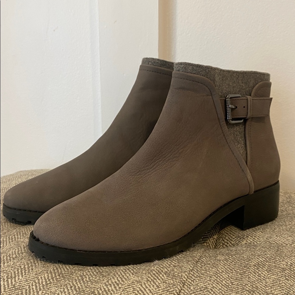 CASLON gray heeled water resistant boots